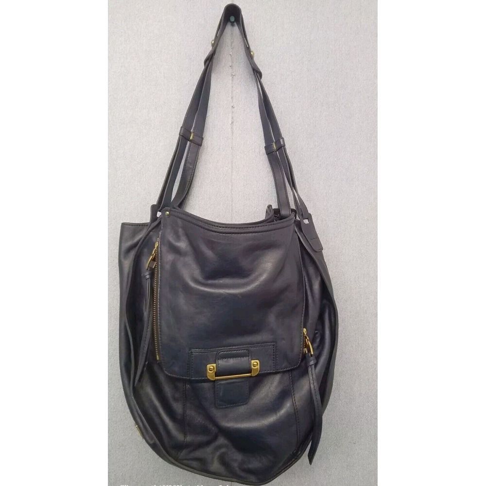 Large Black Leather Hobo Bag with Gold Hardware and Multiple Compartments
